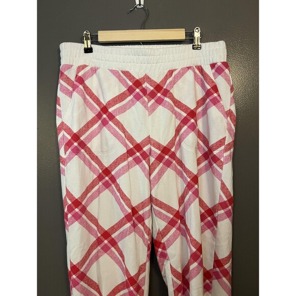 Colsie Pants Womens Large White Pink Red Plaid Jogger Sweatpants Lounge Cuffed - Picture 1 of 5